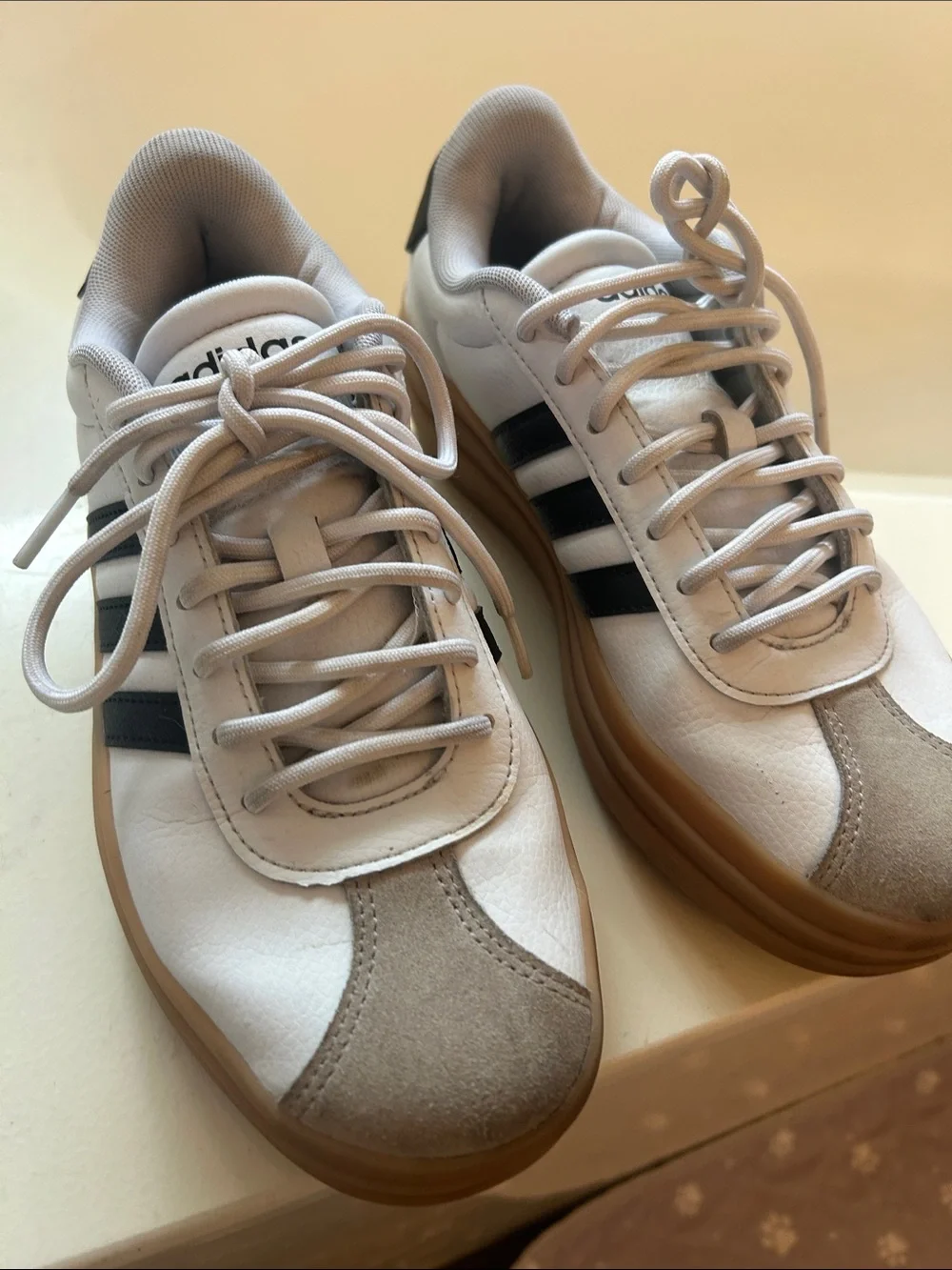 adidas White Sneakers with Black Stripes and Gum Platform Sole